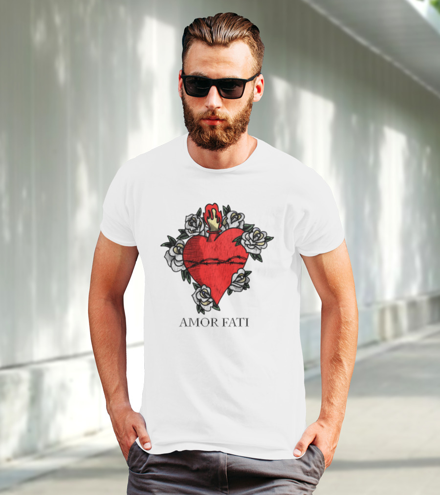Amor Fati Sacred Heart Barbed Wire Roses Flame T-Shirt