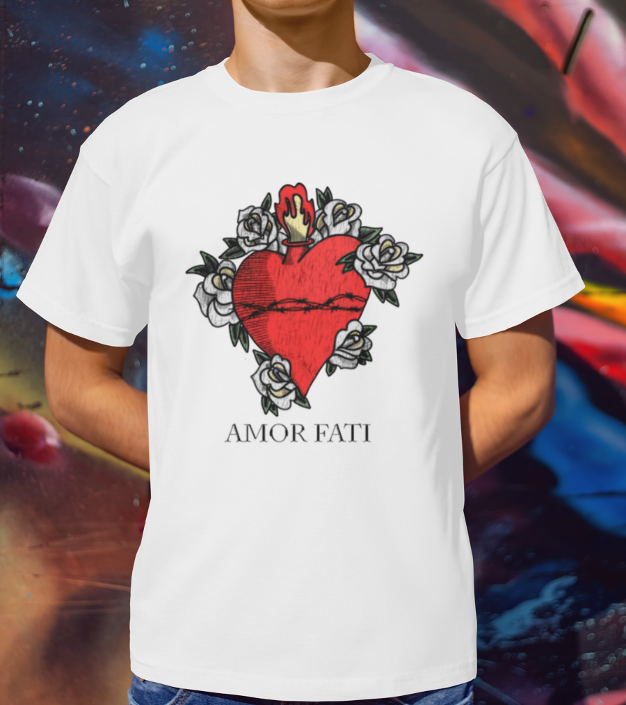 Amor Fati Sacred Heart Barbed Wire Roses Flame T-Shirt