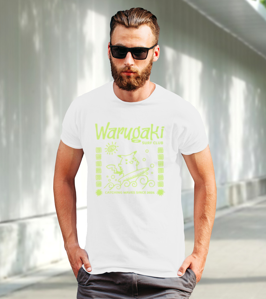 Warugaki Surf Club Pikachu Surfing Illustration Sun And Waves T-Shirt