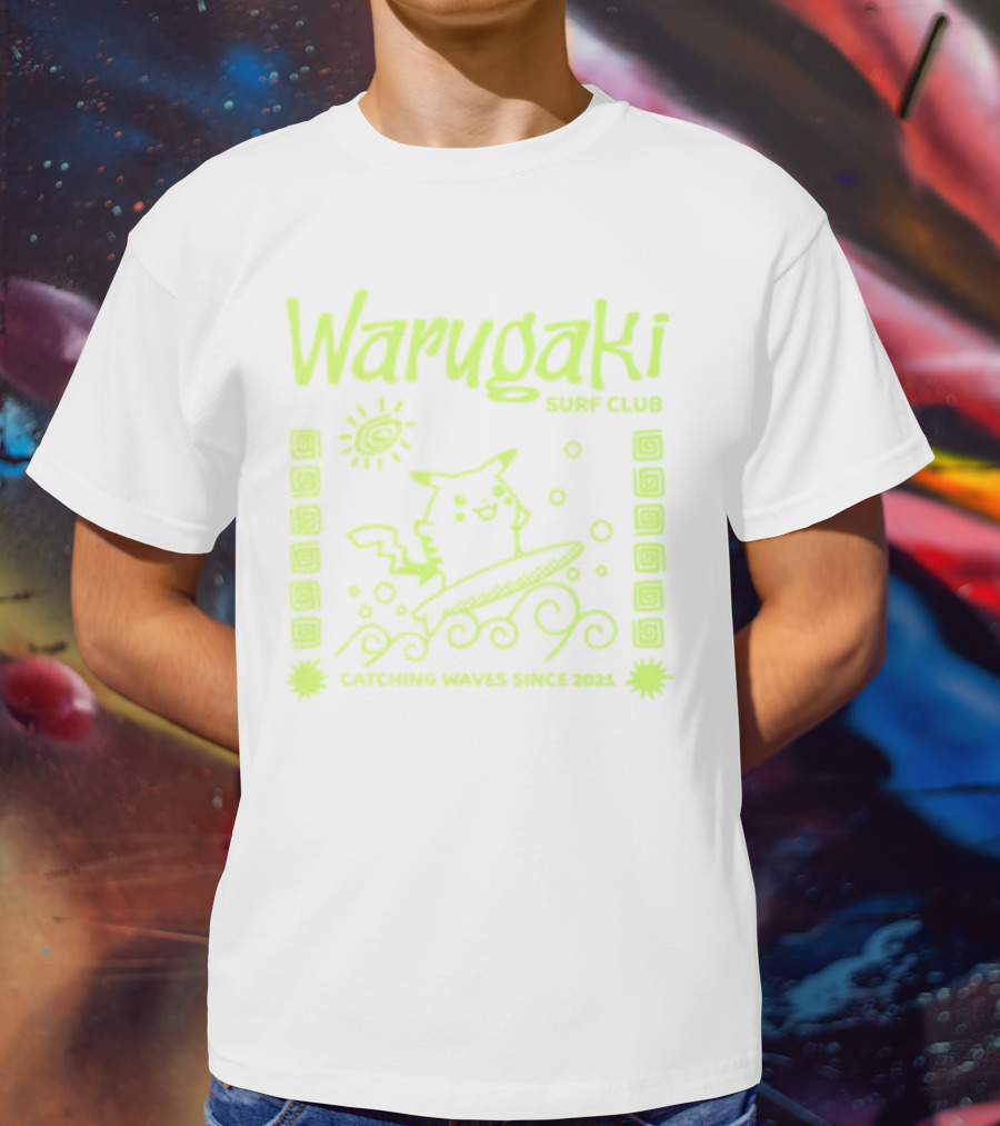 Warugaki Surf Club Pikachu Surfing Illustration Sun And Waves T-Shirt