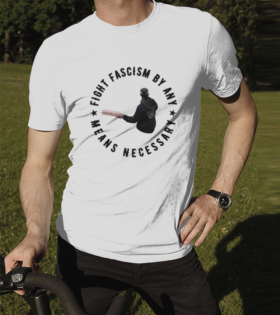 Fight Fascism By Any Means Necessary Red Bat Masked Figure T-Shirt