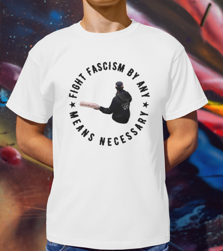 Fight Fascism By Any Means Necessary Red Bat Masked Figure T-Shirt