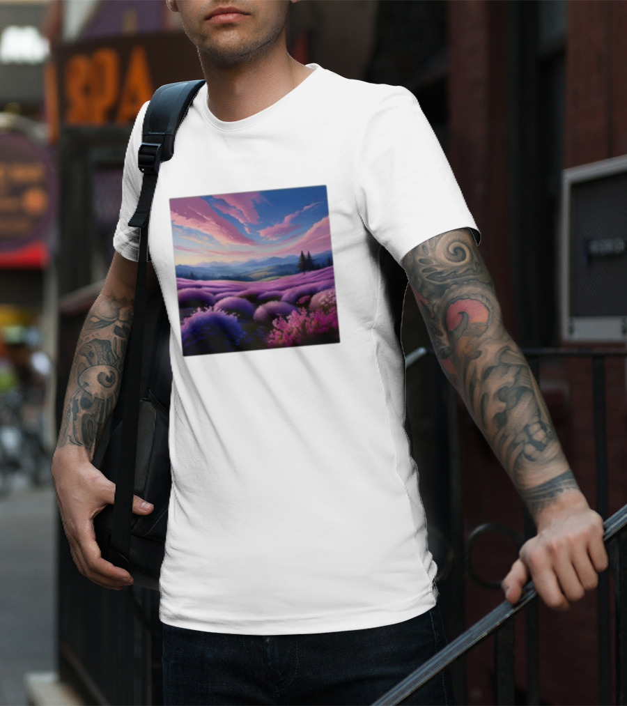 Her Radiant Bloom Lavender Sunset Landscape With Pink And Purple Sky T-Shirt