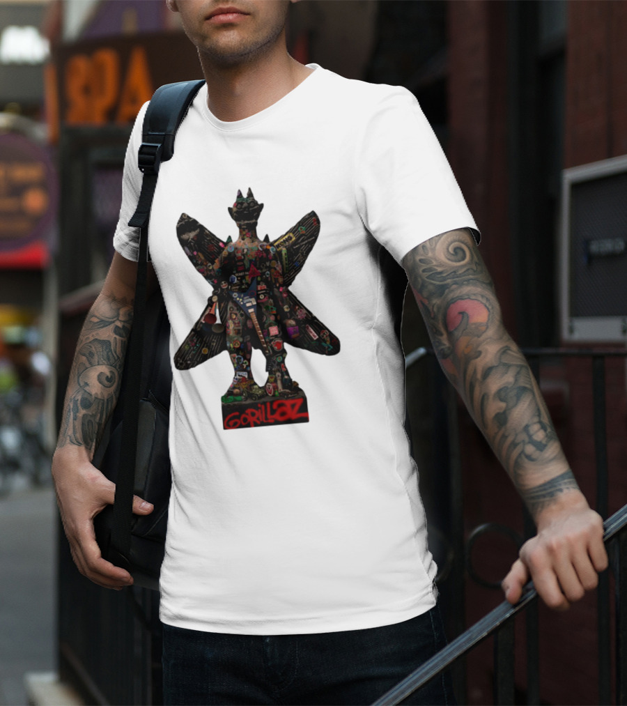 Gorillaz Iconic Pazuzu Figure With Music And Cultural Symbols T-Shirt