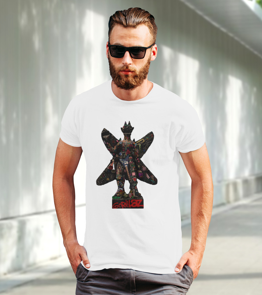 Gorillaz Iconic Pazuzu Figure With Music And Cultural Symbols T-Shirt