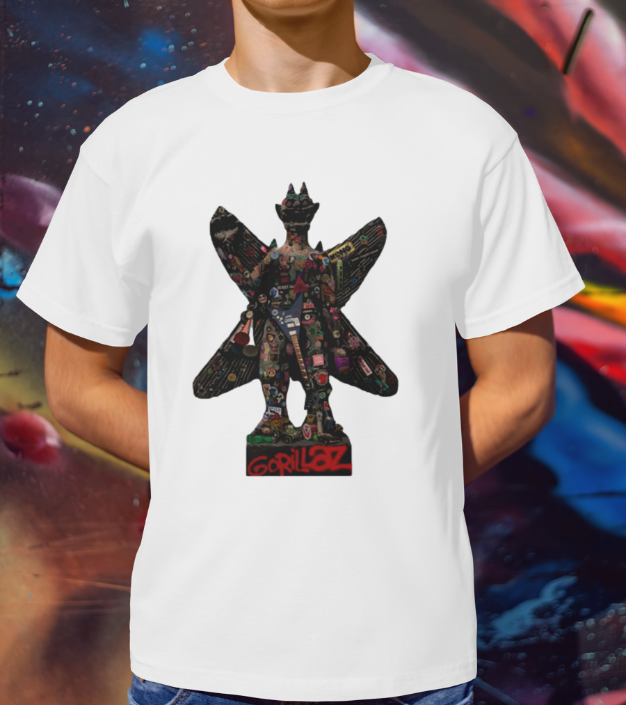 Gorillaz Iconic Pazuzu Figure With Music And Cultural Symbols T-Shirt