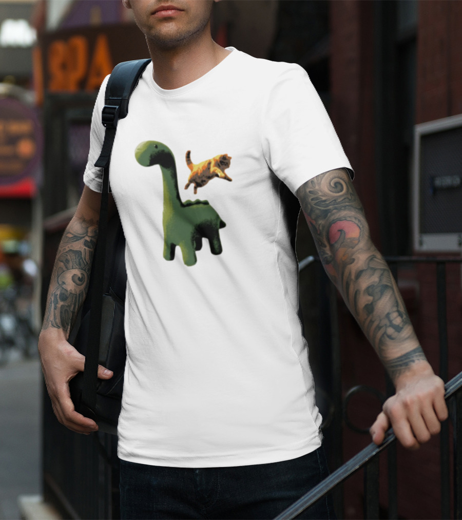 Abram Engle Kurt Dino Green Dinosaur With Leaping Orange Cat T-Shirt