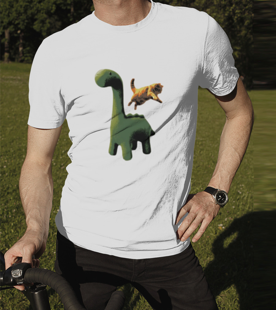 Abram Engle Kurt Dino Green Dinosaur With Leaping Orange Cat T-Shirt
