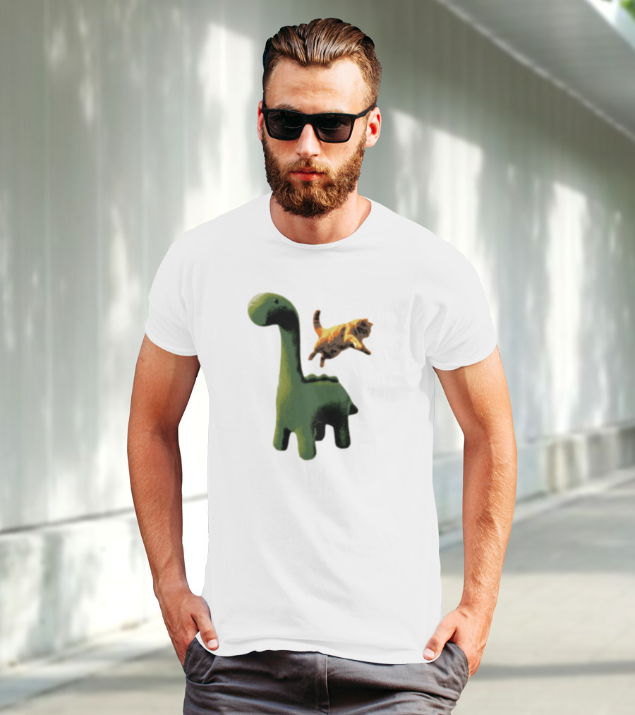 Abram Engle Kurt Dino Green Dinosaur With Leaping Orange Cat T-Shirt
