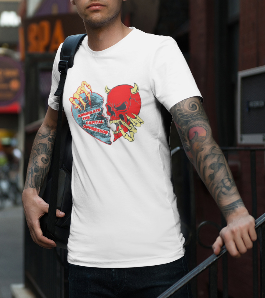 Annihilate The Capital Oppressor Red Skull And Skeleton Heart Design T-Shirt