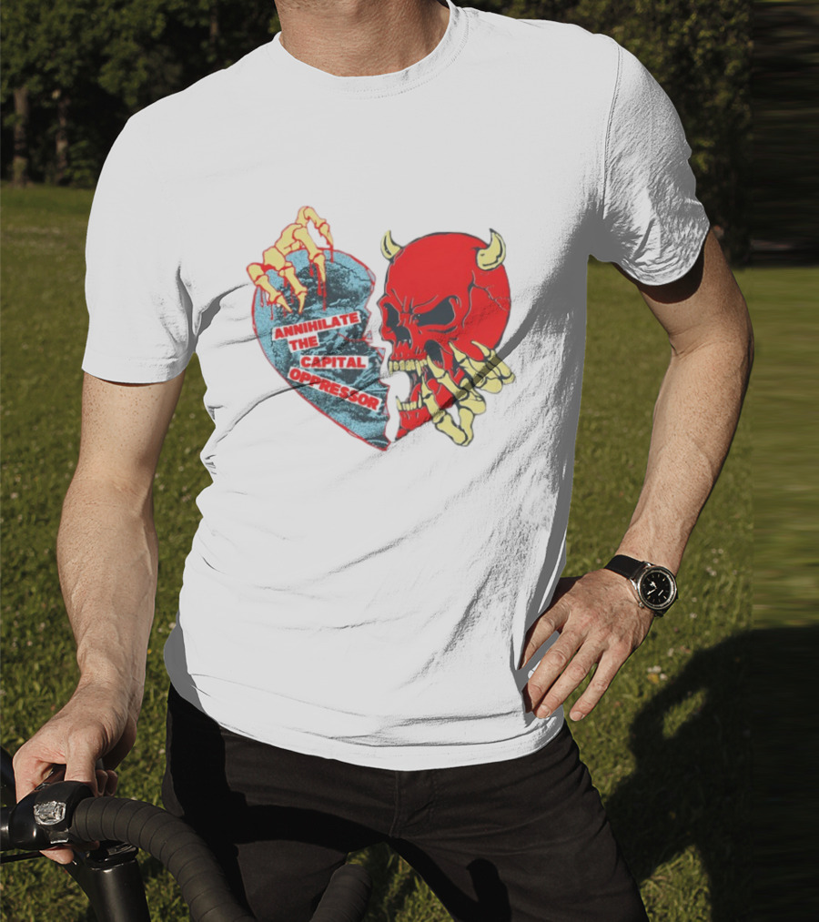 Annihilate The Capital Oppressor Red Skull And Skeleton Heart Design T-Shirt