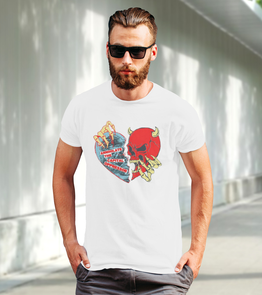 Annihilate The Capital Oppressor Red Skull And Skeleton Heart Design T-Shirt