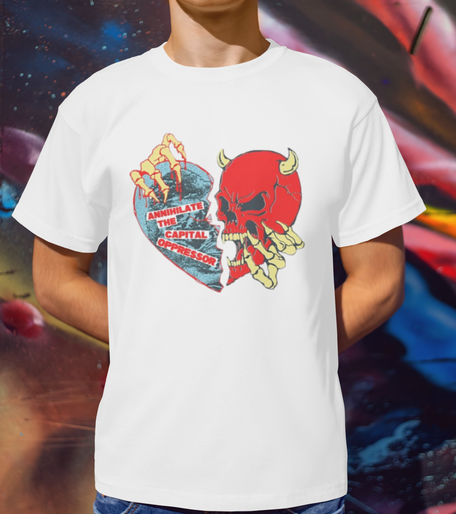 Annihilate The Capital Oppressor Red Skull And Skeleton Heart Design T-Shirt
