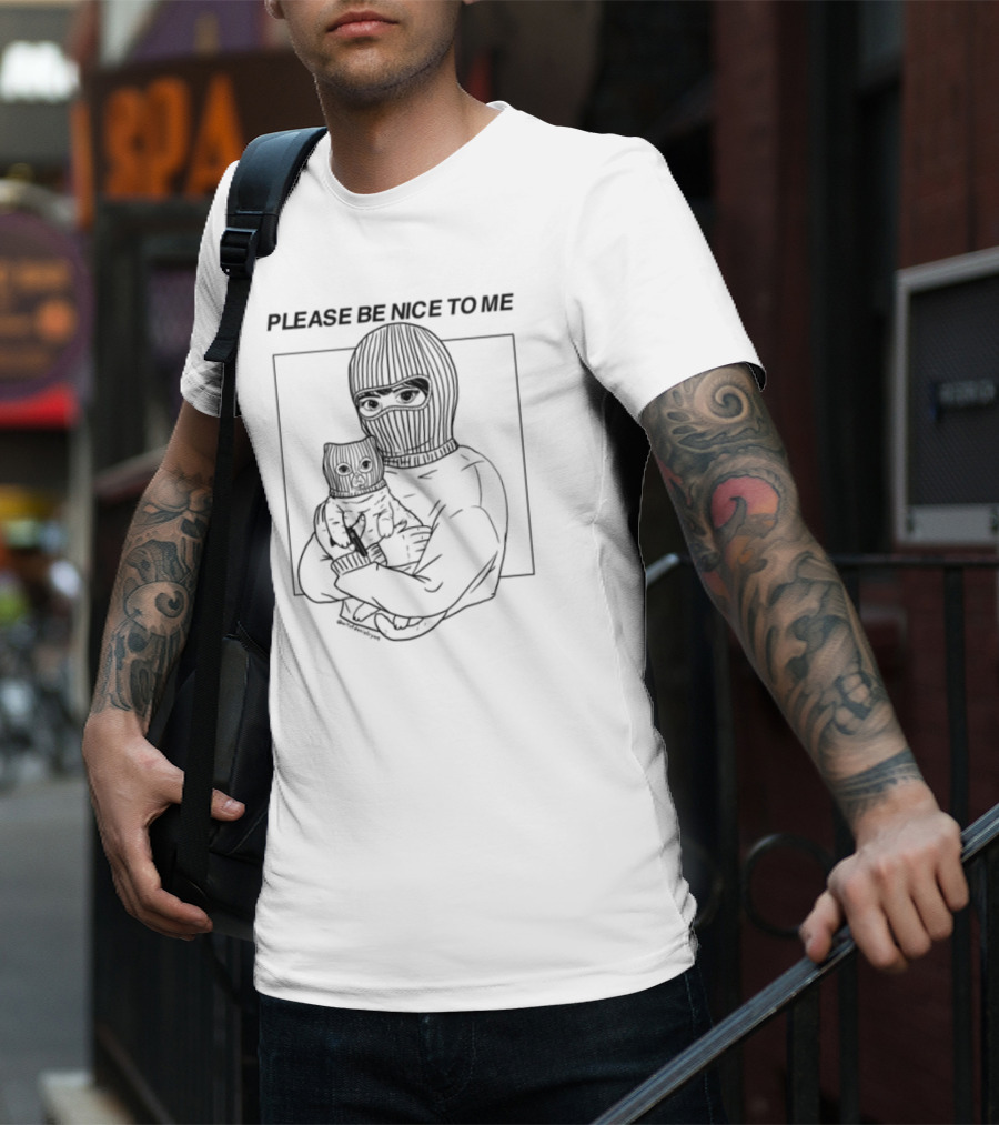 Please Be Nice To Me Masked Figure Hugging Cat T-Shirt