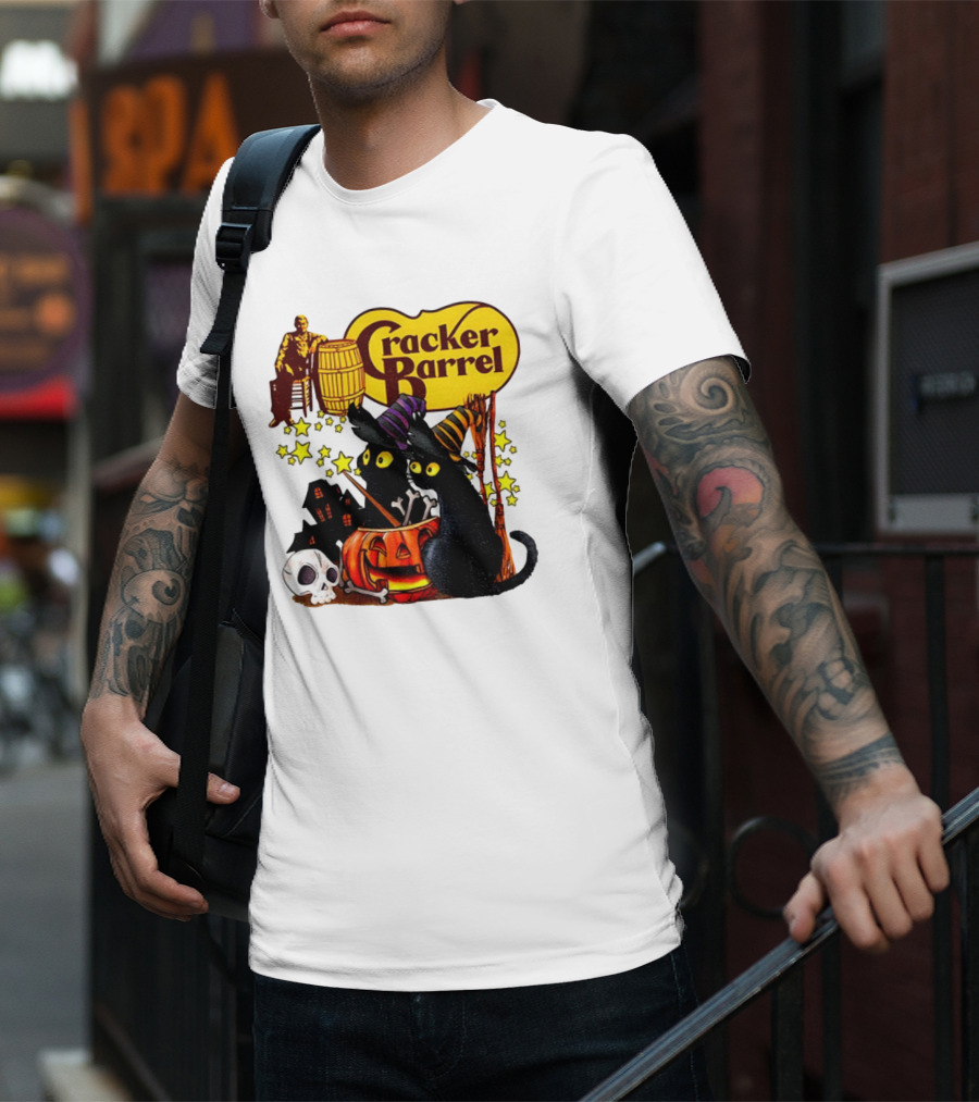 Cracker Barrel Halloween 2025 Black Cat Witches Pumpkin Stars Skulls T-Shirt