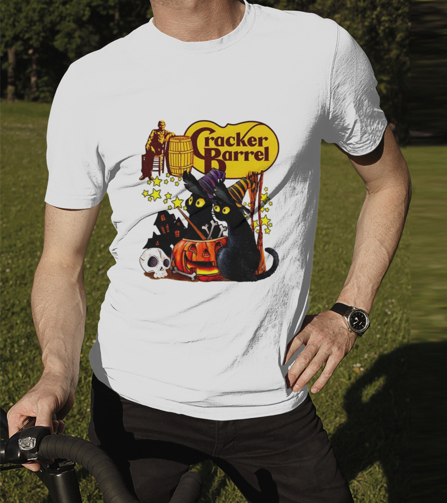Cracker Barrel Halloween 2025 Black Cat Witches Pumpkin Stars Skulls T-Shirt