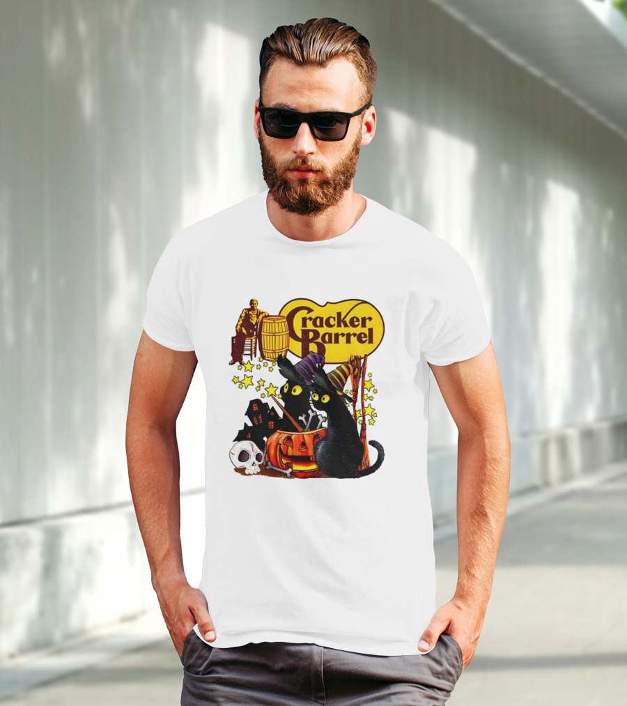 Cracker Barrel Halloween 2025 Black Cat Witches Pumpkin Stars Skulls T-Shirt