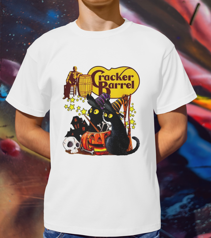 Cracker Barrel Halloween 2025 Black Cat Witches Pumpkin Stars Skulls T-Shirt