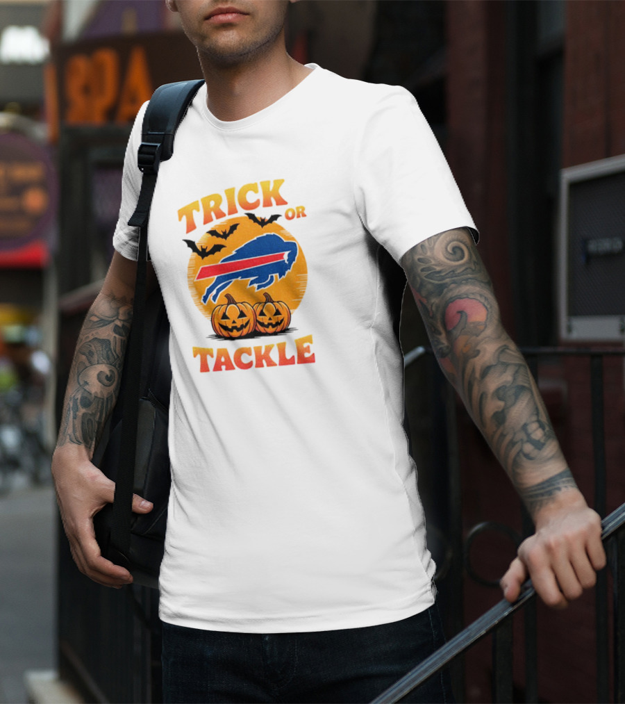 Buffalo Bills Trick Or Tackle Halloween Pumpkins And Bats T-Shirt