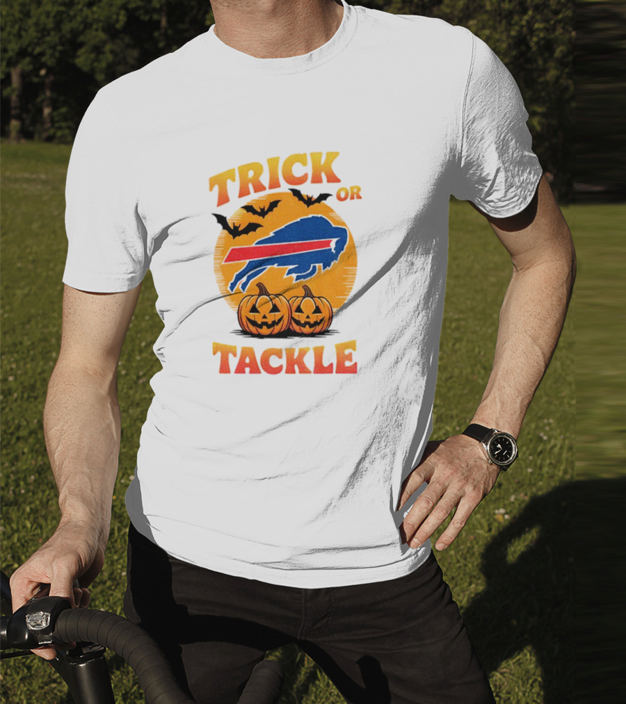Buffalo Bills Trick Or Tackle Halloween Pumpkins And Bats T-Shirt