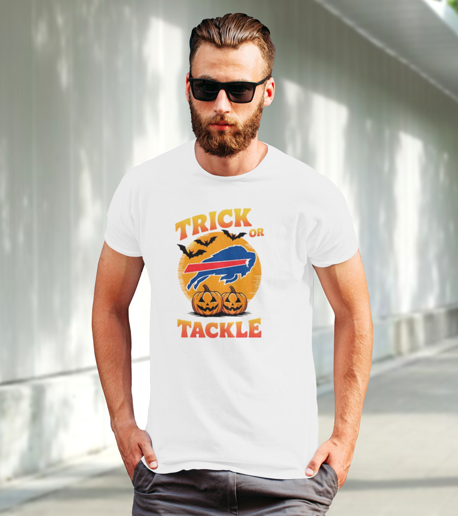 Buffalo Bills Trick Or Tackle Halloween Pumpkins And Bats T-Shirt
