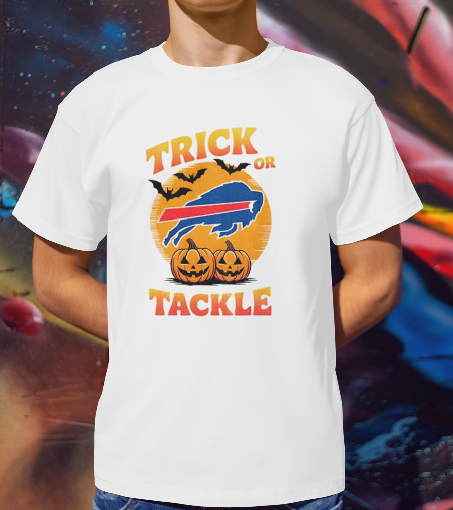 Buffalo Bills Trick Or Tackle Halloween Pumpkins And Bats T-Shirt