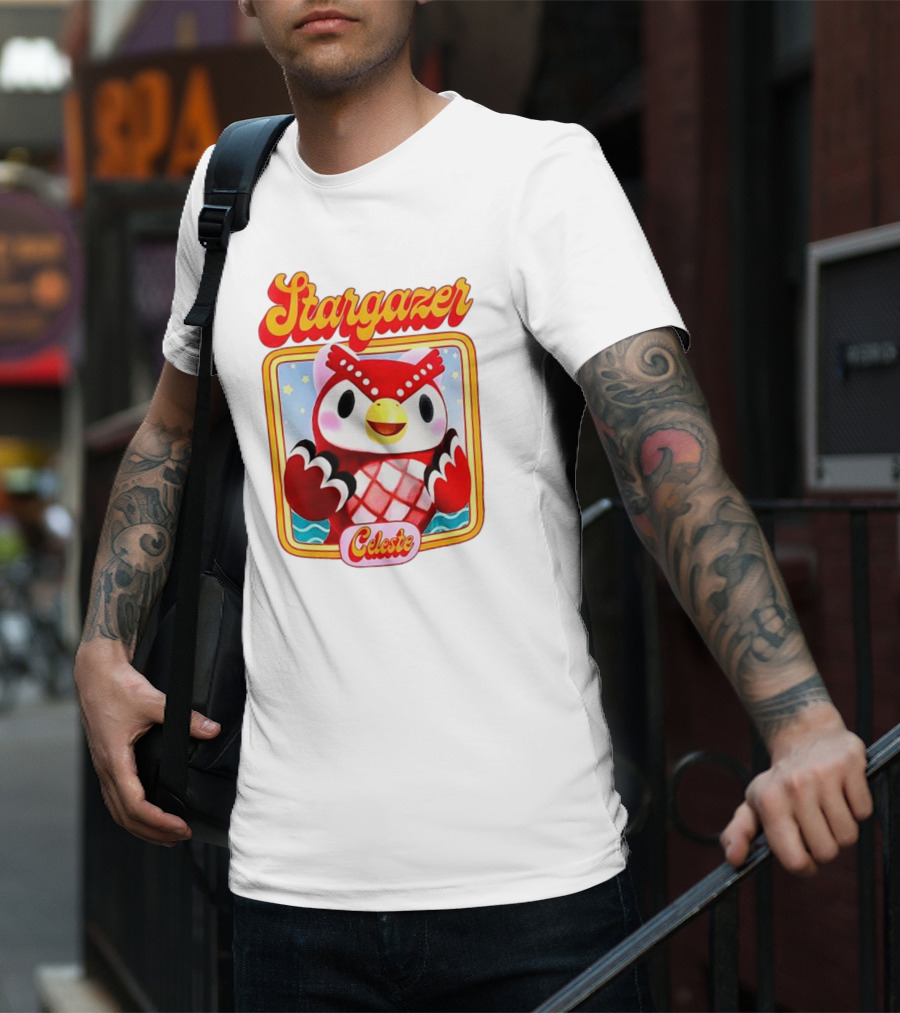 Stargazer Celeste Owl Character With Stars And Ocean Scene T-Shirt
