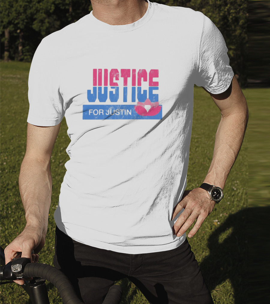 Justice For Justin LGBTQ Pride Pink And Blue Bold Text With Heart Symbol T-Shirt