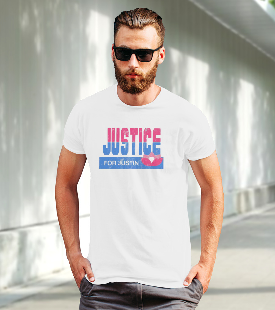 Justice For Justin LGBTQ Pride Pink And Blue Bold Text With Heart Symbol T-Shirt