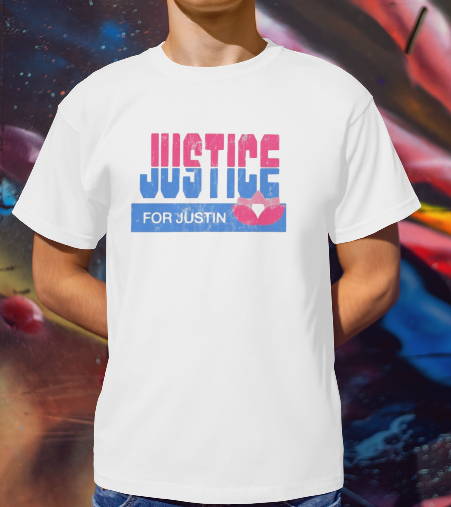 Justice For Justin LGBTQ Pride Pink And Blue Bold Text With Heart Symbol T-Shirt