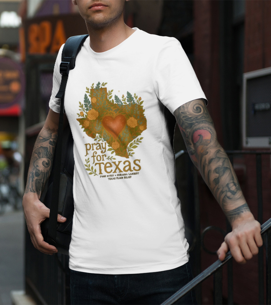 Pray For Texas Flood Relief Heart And Floral Pattern T-Shirt