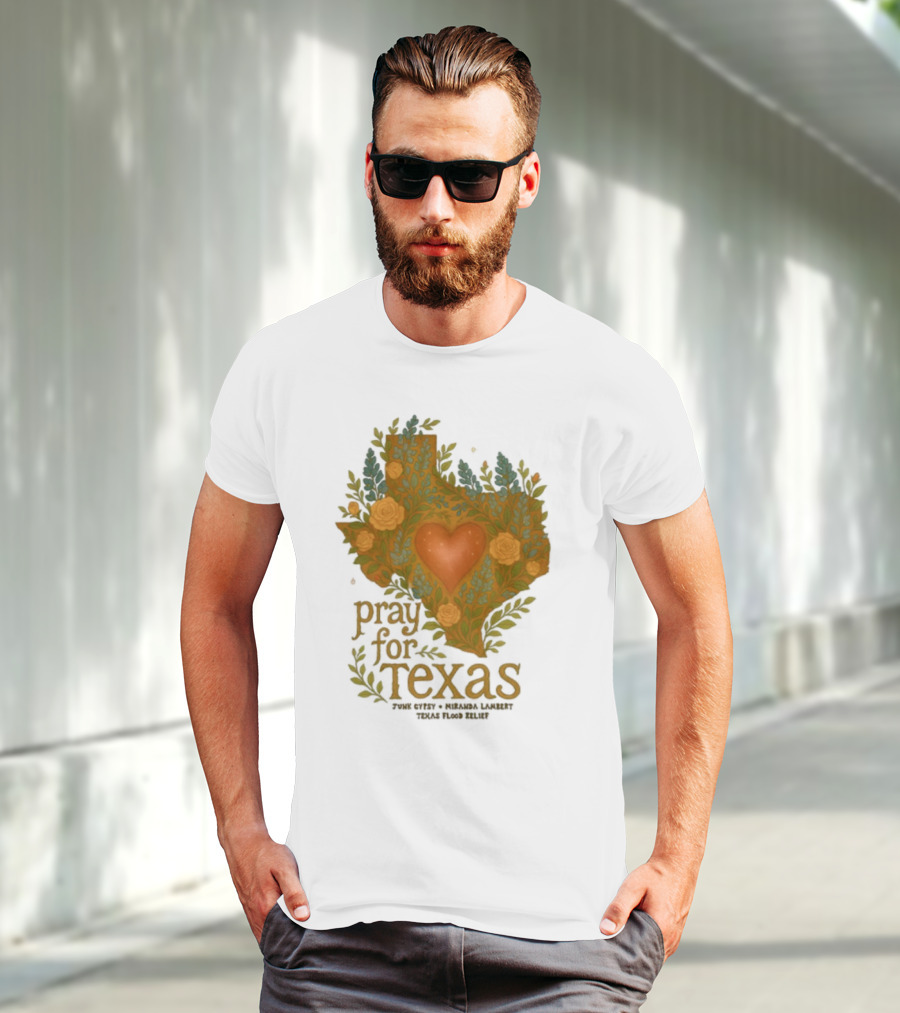 Pray For Texas Flood Relief Heart And Floral Pattern T-Shirt