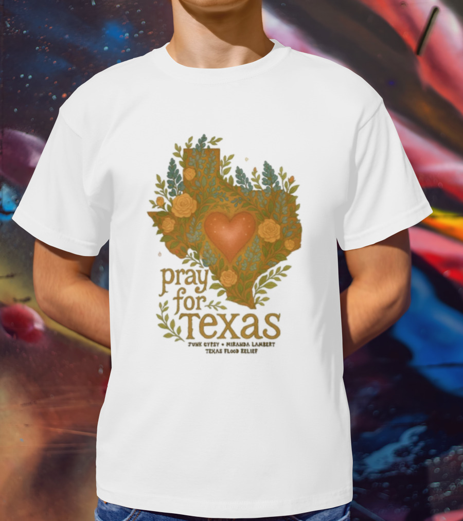 Pray For Texas Flood Relief Heart And Floral Pattern T-Shirt