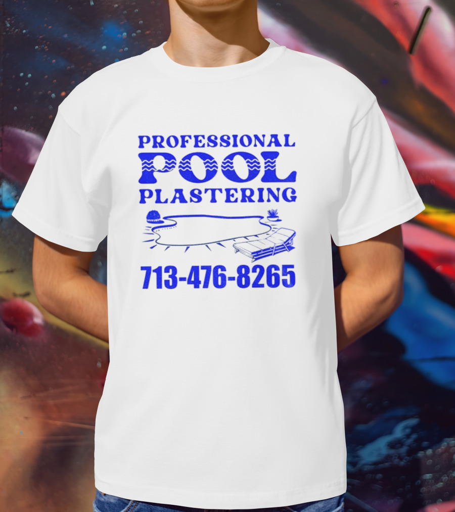 PROFESSIONAL POOL PLASTERING 713-476-8265 POOL OUTLINE COCKTAIL AND PALM TREE ICONS T-Shirt