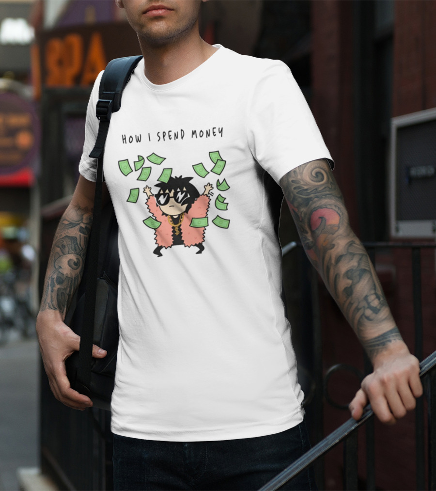 Sarah Andersen How I Spend Money Comic Character Pink Coat Dollar Bills Falling T-Shirt
