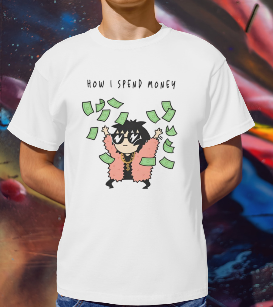 Sarah Andersen How I Spend Money Comic Character Pink Coat Dollar Bills Falling T-Shirt