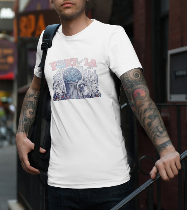 Portola 2025 Dumpster Disco Lineup Raccoon And Trashcan Disco Ball T-Shirt