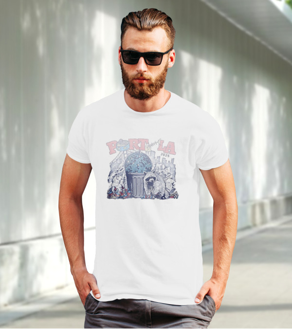 Portola 2025 Dumpster Disco Lineup Raccoon And Trashcan Disco Ball T-Shirt