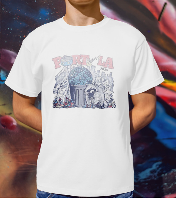 Portola 2025 Dumpster Disco Lineup Raccoon And Trashcan Disco Ball T-Shirt