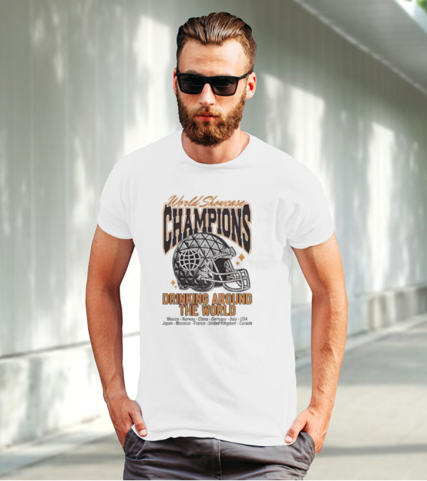 World Showcase Champions Drinking Around The World Helmet USA Canada Spaceship Earth T-Shirt