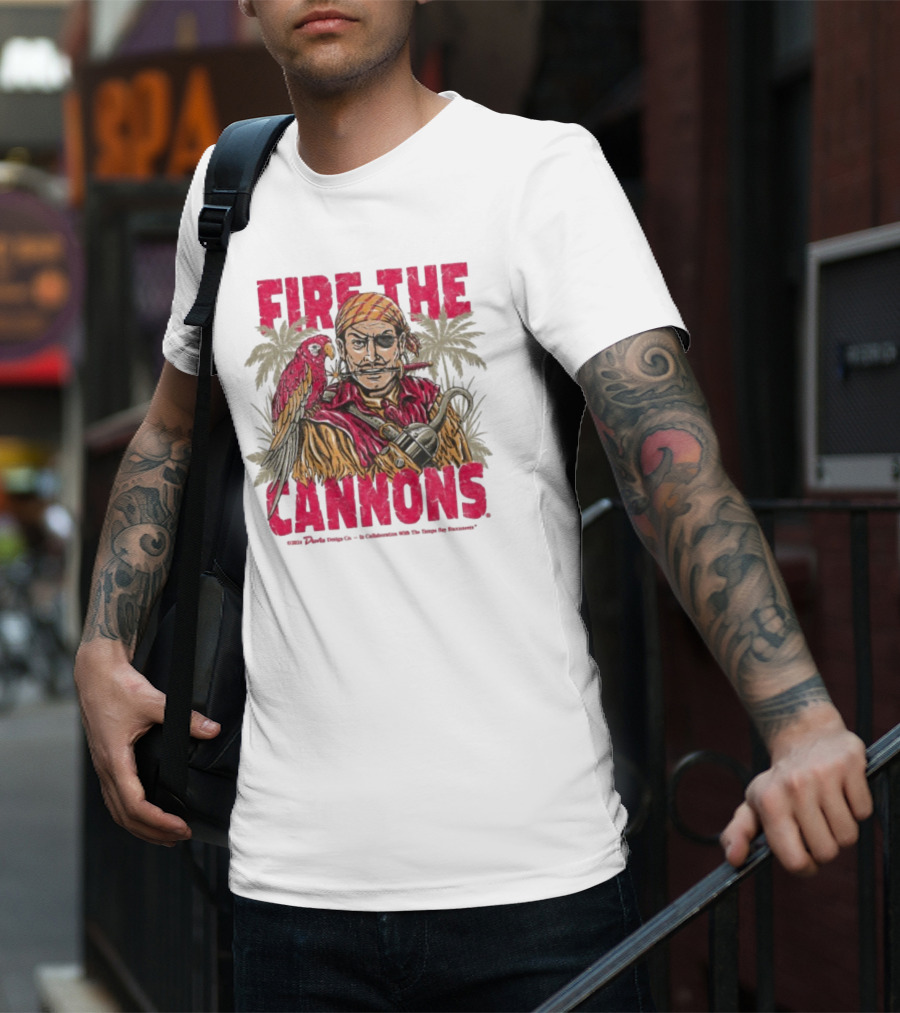 Fire The Cannons Buccaneers Pirate Parrot Palm Trees T-Shirt