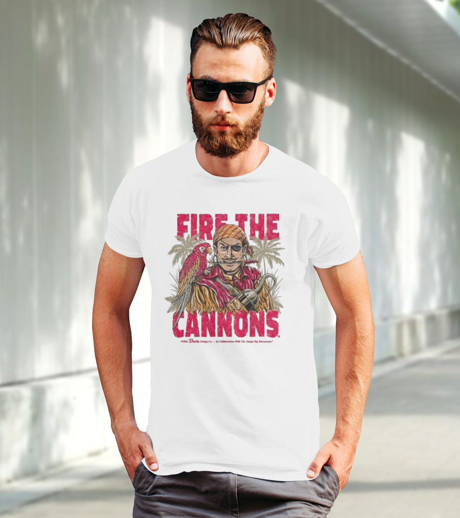 Fire The Cannons Buccaneers Pirate Parrot Palm Trees T-Shirt
