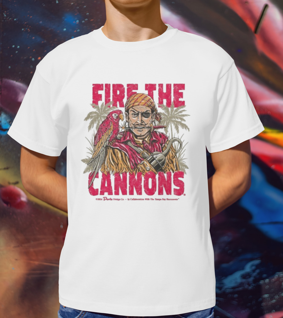 Fire The Cannons Buccaneers Pirate Parrot Palm Trees T-Shirt