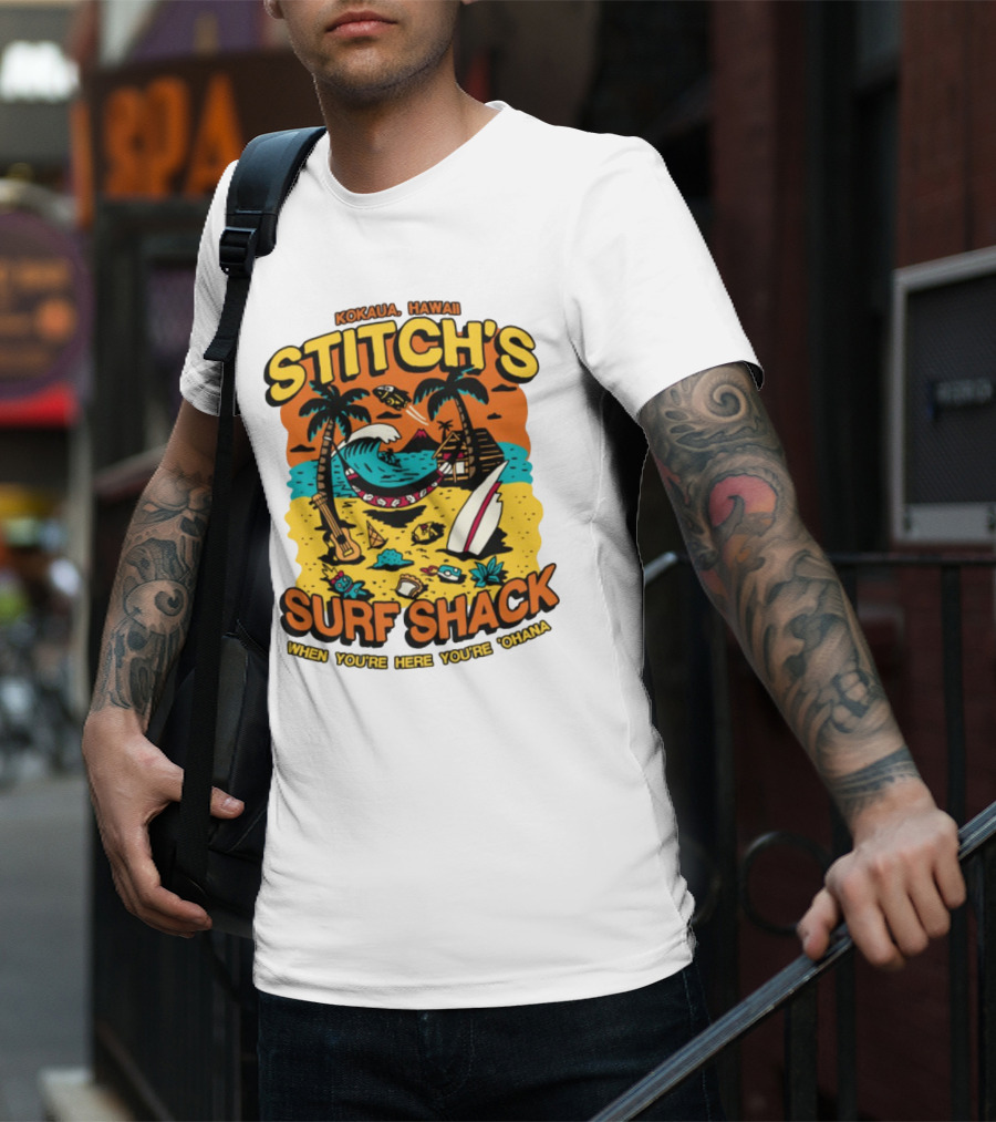 Kokaua Hawaii Stitch's Surf Shack When You're Here You're 'Ohana T-Shirt