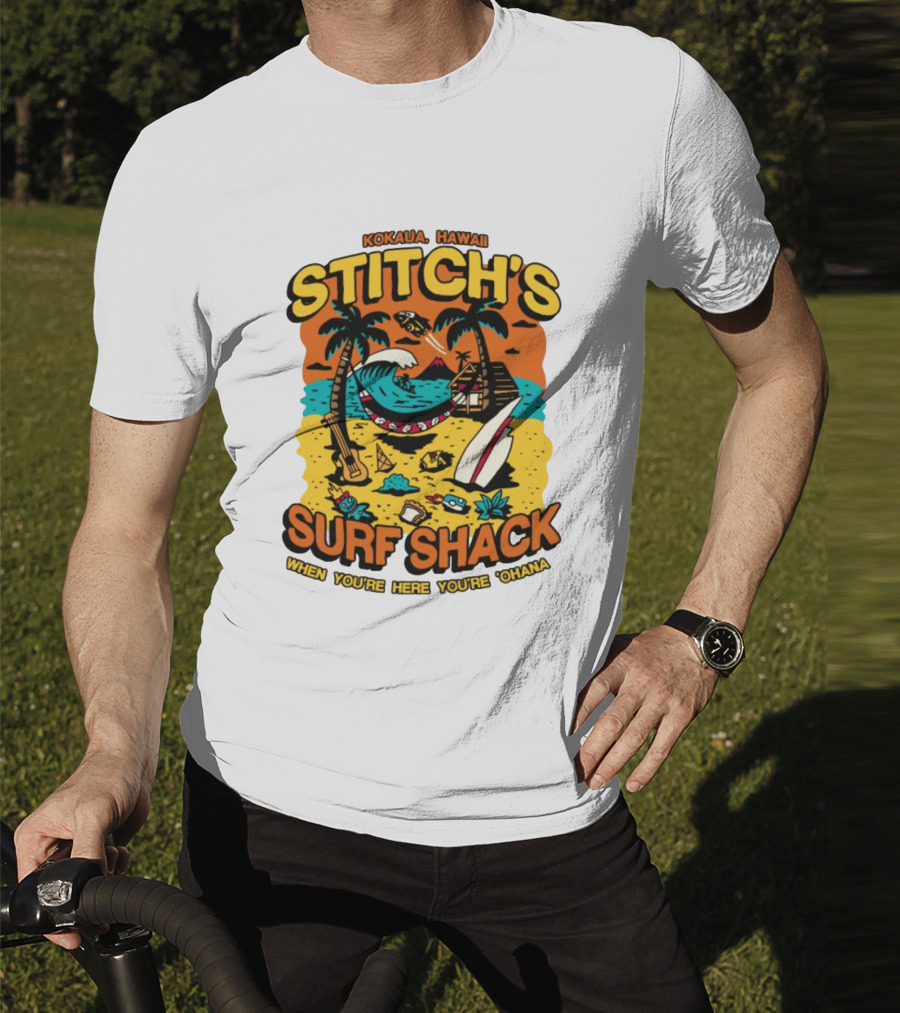 Kokaua Hawaii Stitch's Surf Shack When You're Here You're 'Ohana T-Shirt