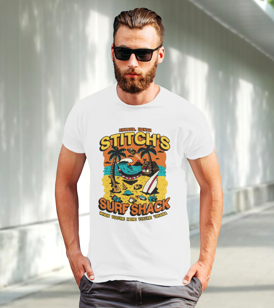 Kokaua Hawaii Stitch's Surf Shack When You're Here You're 'Ohana T-Shirt