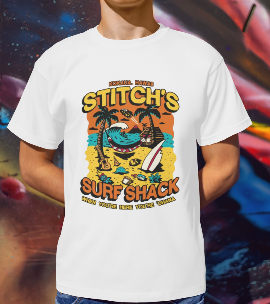 Kokaua Hawaii Stitch's Surf Shack When You're Here You're 'Ohana T-Shirt