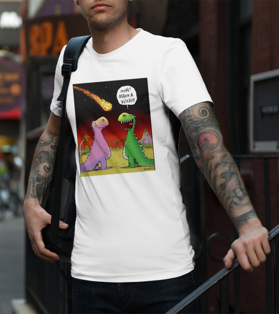 Glenn Mccoy Dinosaur Cartoon Ooh Make A Wish Meteorite Scene T-Shirt