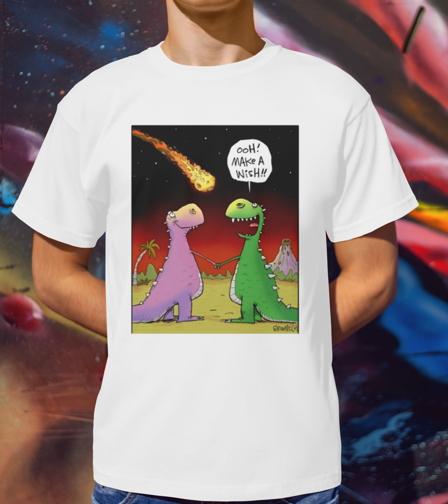 Glenn Mccoy Dinosaur Cartoon Ooh Make A Wish Meteorite Scene T-Shirt