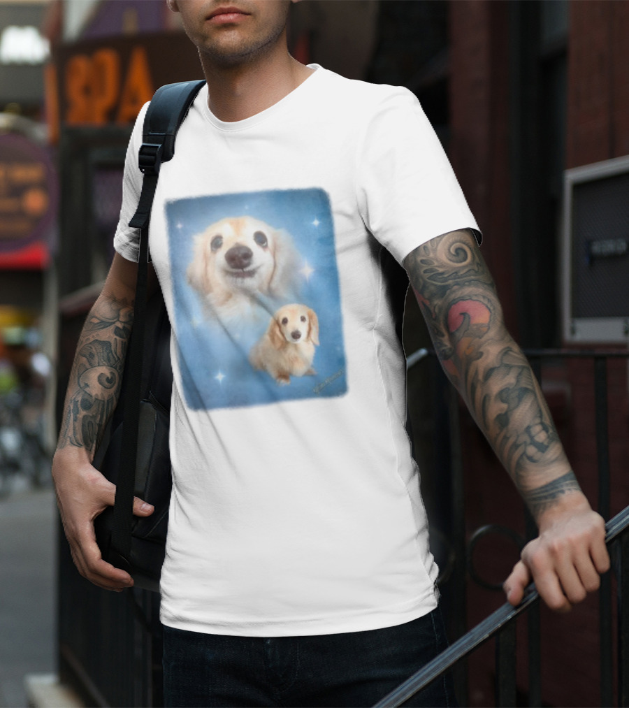Olan Meows Bella Dog Portrait Classic Blue Stars T-Shirt